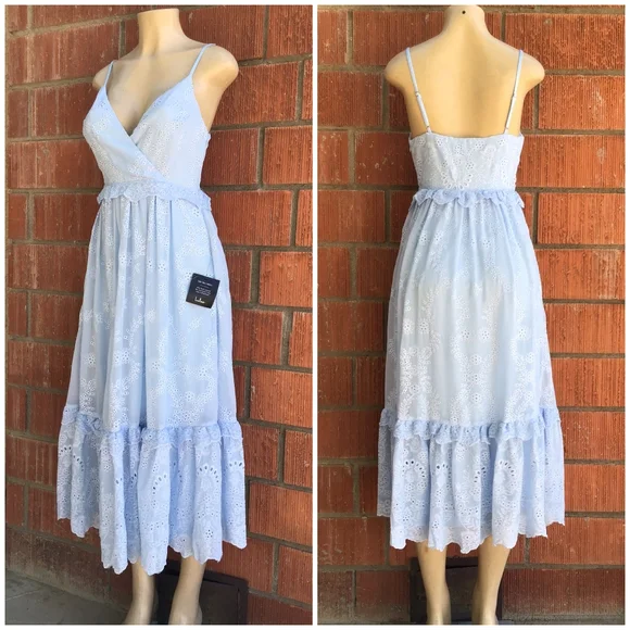 LAST ONE❗Lulu's Vintage Feminine Chic Powder Blue Embroidered Eyelet Midi Dress - Picture 2 of 10